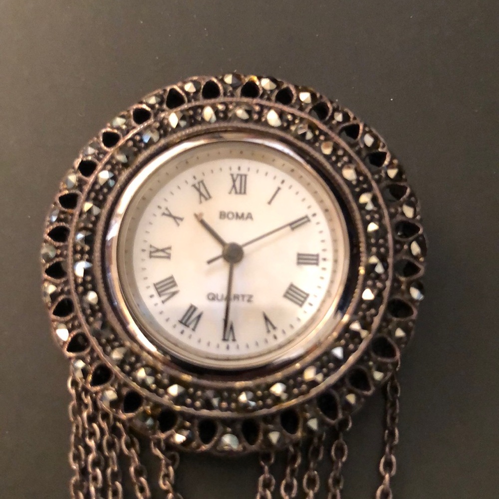 Boma Vintage Mother of Pearl Marcasite Watch Pin - Picture 2 of 6